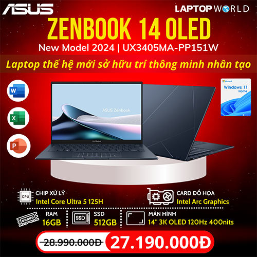 ASUS Zenbook 14 OLED UX3405MA-PP151W: Thế hệ Zen mới trang bị CPU Intel Core Ultra 5 tích hợp AI mạnh mẽ